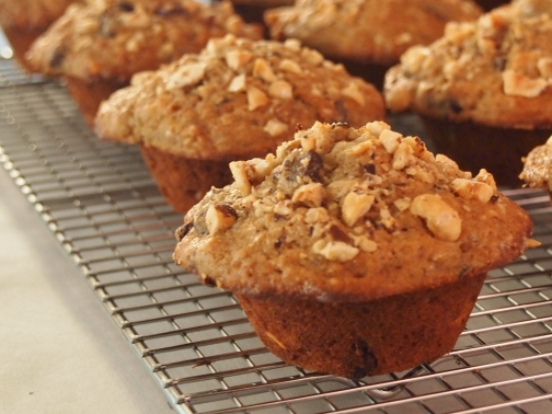 Banana Muffins with Brown Butter, Dark Chocolate, and Hazelnuts